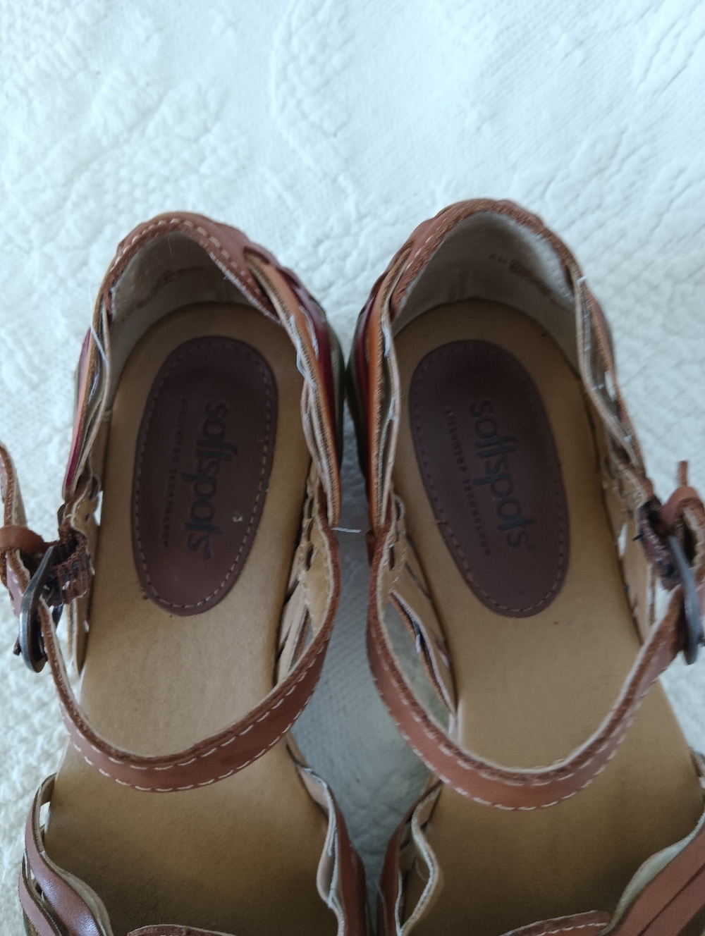 Softspots Brown Multi-Color Woven Leather Sandals Closed Toe Hippie Short Heel 6 - Picture 8 of 13
